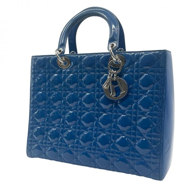 Christian Dior クリスチャンディオール ハンドバッグ  レディディオール  2wayバック カナージュ パテントレザー ブルー ラージサイズ ★美品★