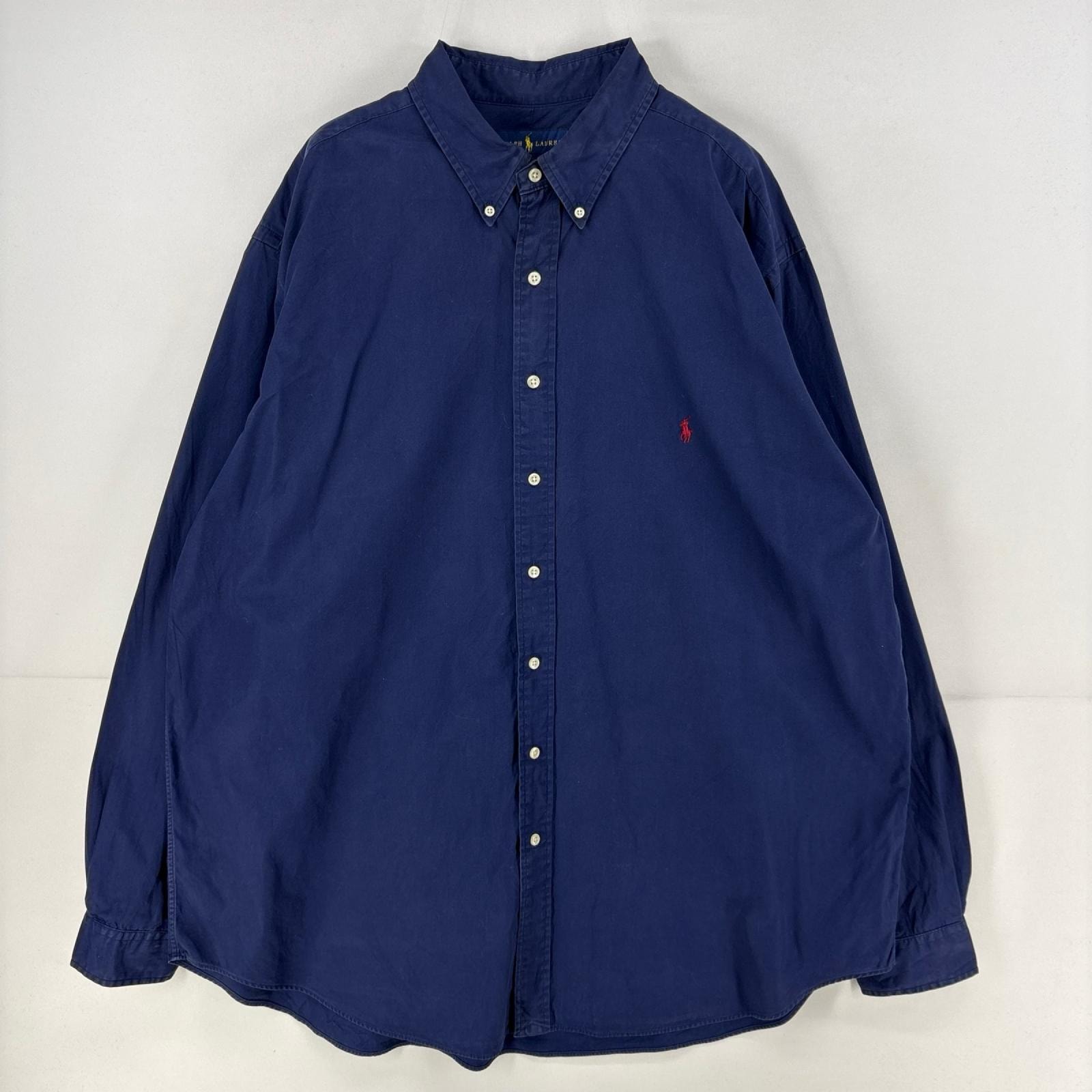 古着 ラルフローレン RALPH LAUREN 長袖シャツ ワンポイント ロゴ 大きいサイズ ボタンダウン 刺繍 2XL  ネイビー メンズ