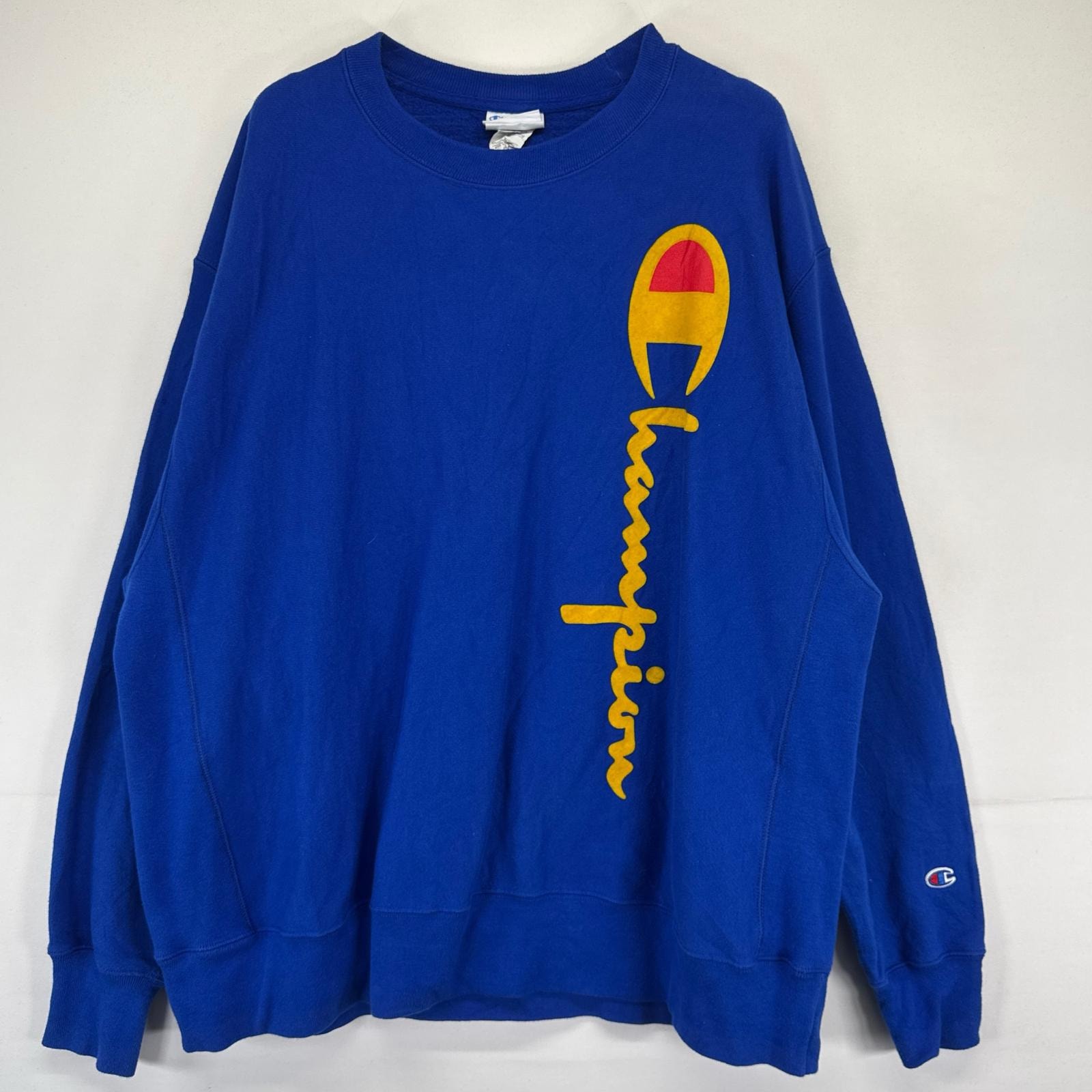 古着 チャンピオン Champion スウェット ワッペン ワンポイント プリントトレーナー リバーウィーブ 2XL  ブルー系 メンズ