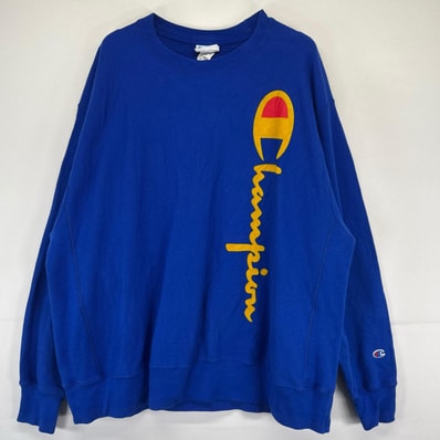 古着 チャンピオン Champion スウェット ワッペン ワンポイント プリントトレーナー リバーウィーブ 2XL ブルー系 メンズ