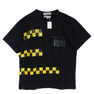 COMME des GARCONS コムデギャルソン Tシャツ 25AW OP-T004-051 Wネーム チェッカード 胸ロゴプリント クルーネック 半袖 Tシャツ カットソー ブラック系 XL【極上美品】【中古】