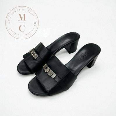 エルメス HERMES ジジ サンダル 靴 シューズ レザー ブラック 黒 シルバー ケリー金具 ミュール