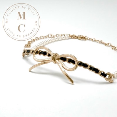 シャネル CHANEL ネックレス ペンダント チョーカー ゴールド ココマーク リボン チェーン ラムスキン