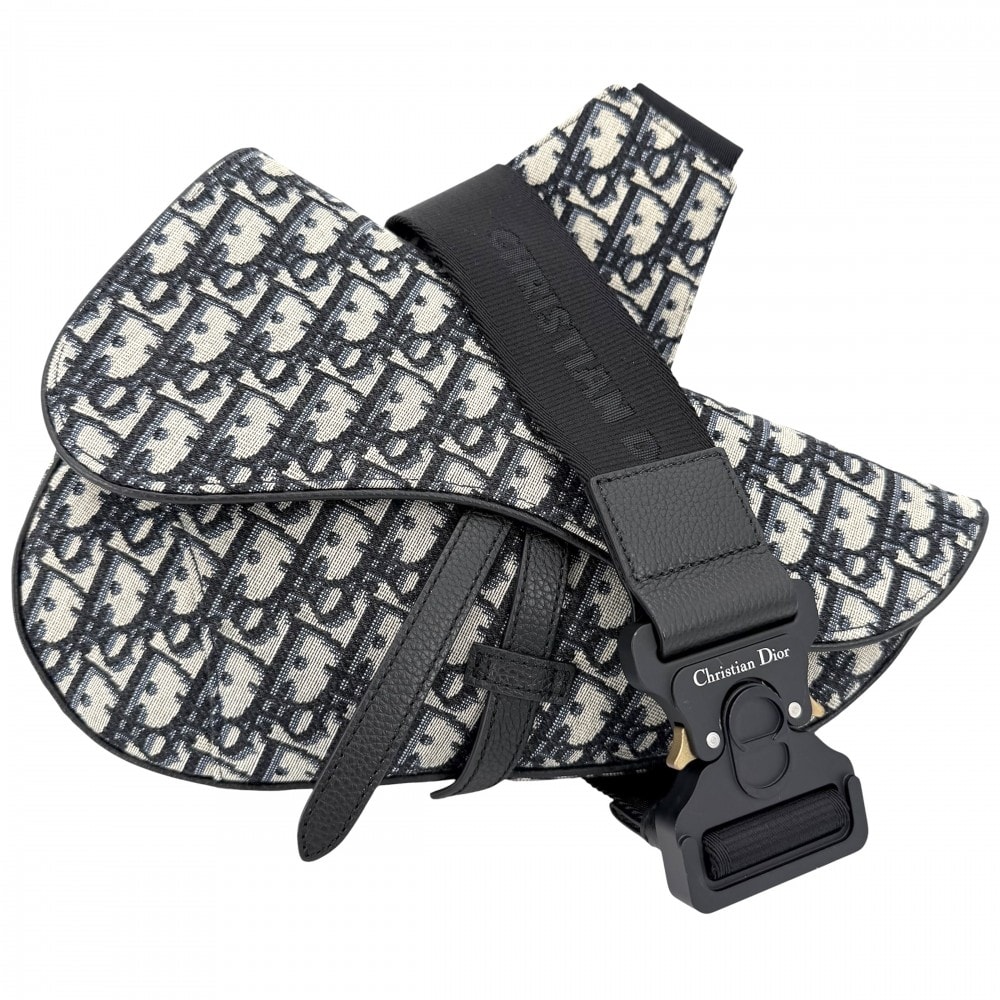 Dior ディオール ボディバッグ オブリーク サドルバッグ ショルダーバッグ 肩掛け 斜め掛け キャンバス    ネイビー 紺 ベージュ シルバー金具 メンズ 美品【中古品】