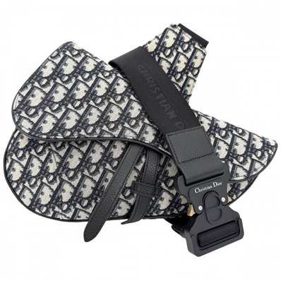 Dior ディオール ボディバッグ オブリーク サドルバッグ ショルダーバッグ 肩掛け 斜め掛け キャンバス ネイビー 紺 ベージュ シルバー金具 メンズ 美品【中古品】