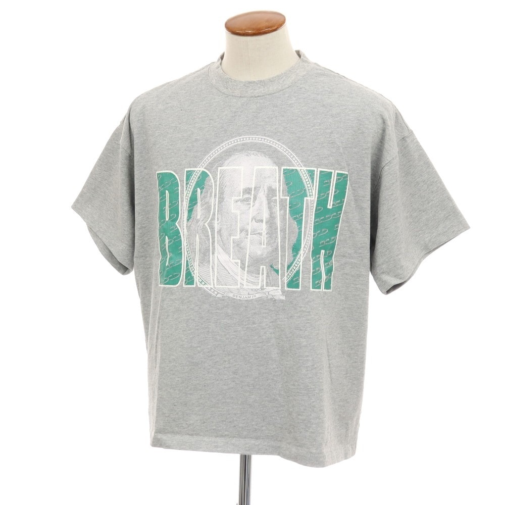【中古】ブレス(BREATH) BREATH コットン クルーネック 半袖Tシャツ ライトグレーxグリーン【サイズM】【メンズ】