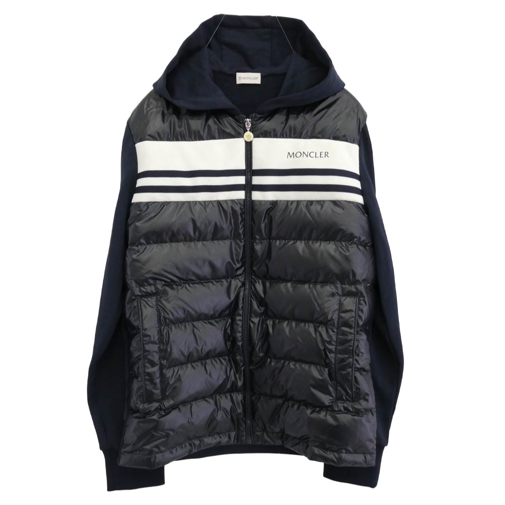 MONCLER モンクレール ダウンジャケット i20918g00059 809kz FELPA APERTA CON CAP スウェット切替ダウン ジャケット ネイビー系 L【美品】【中古】