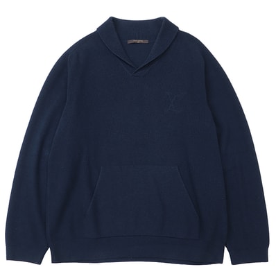 【美品】LOUIS VUITTON ルイ・ヴィトン ニットトップス サイズ XL メンズ LV ロゴ ウール × コットン プルオーバー ネイビー 紺 イタリア製