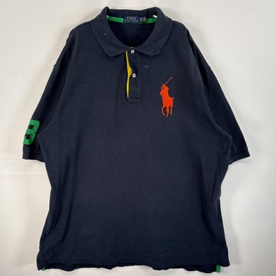 古着 ポロ・ラルフローレン POLO RALPH LAUREN 鹿の子 半袖 ポロシャツ ビッグポニー 2ボタン 大きいサイズ XLT ネイビー 無地 メンズ