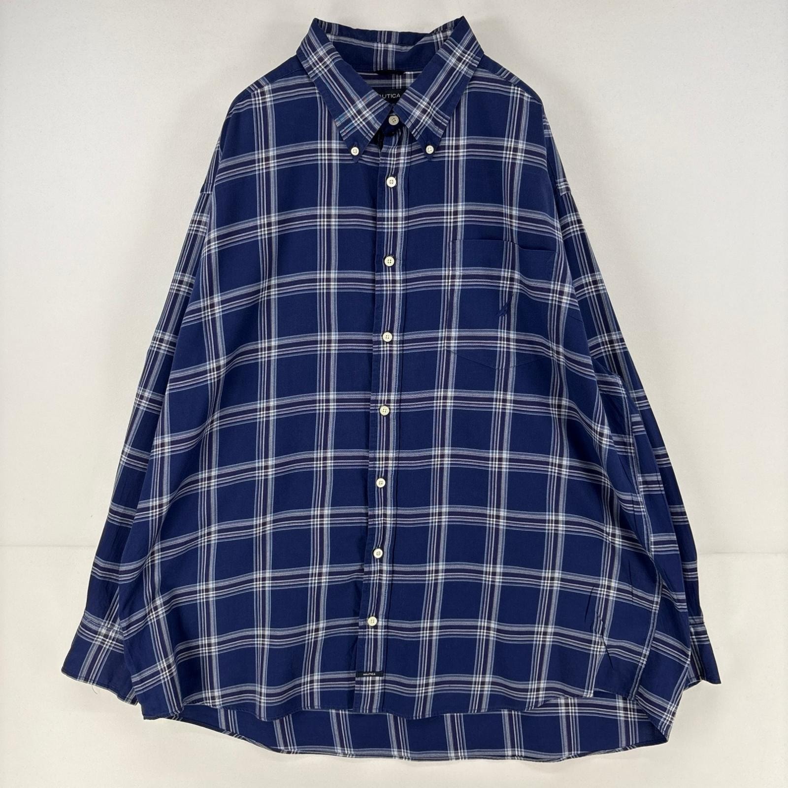 古着 ノーティカ NAUTICA 長袖シャツ 胸ポケット ワンポイント刺繍ロゴ 大きいサイズ 2XL ネイビー チェック メンズ