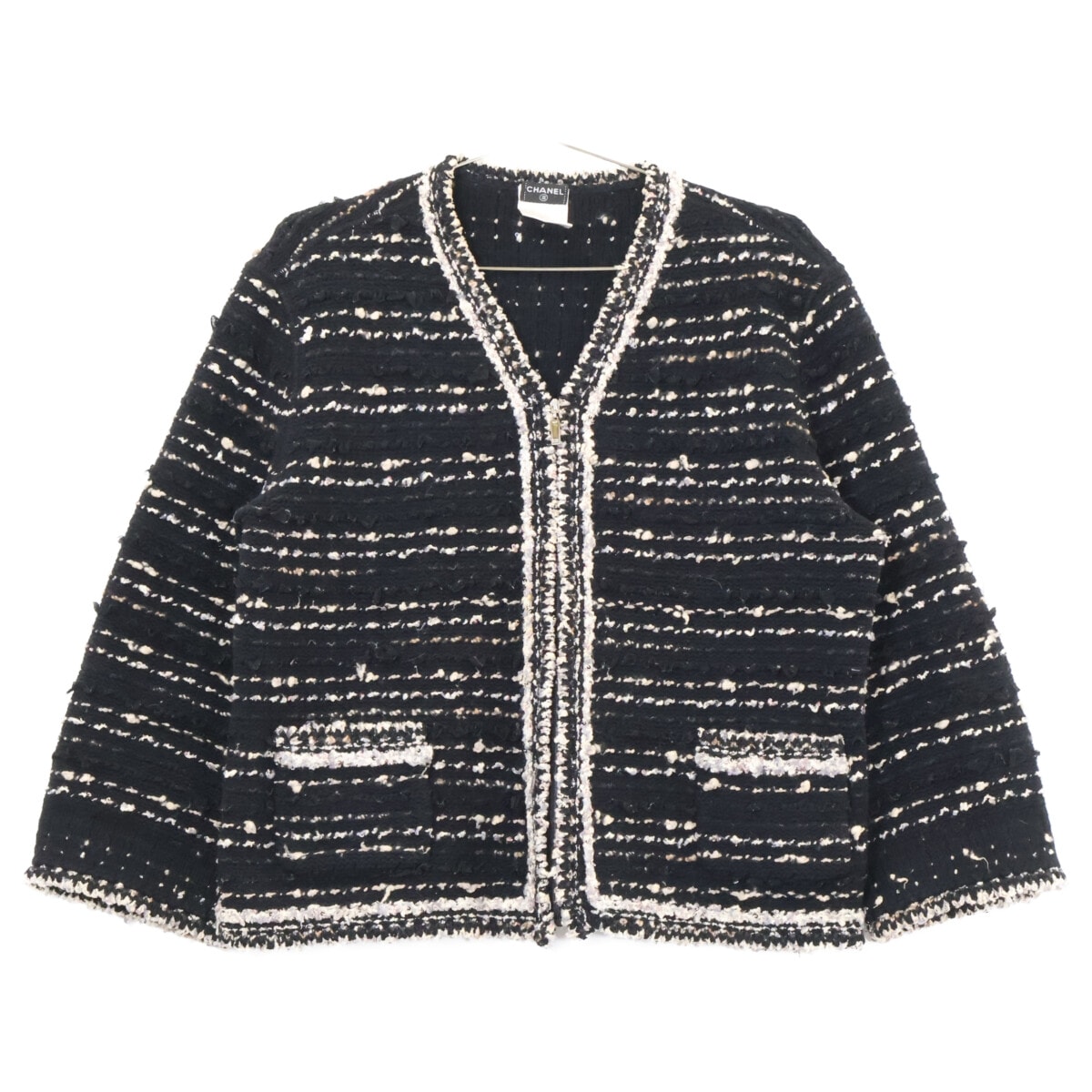 シャネル 05AW P26657V01976 ジップアップ ツイード ノーカラージャケット 48