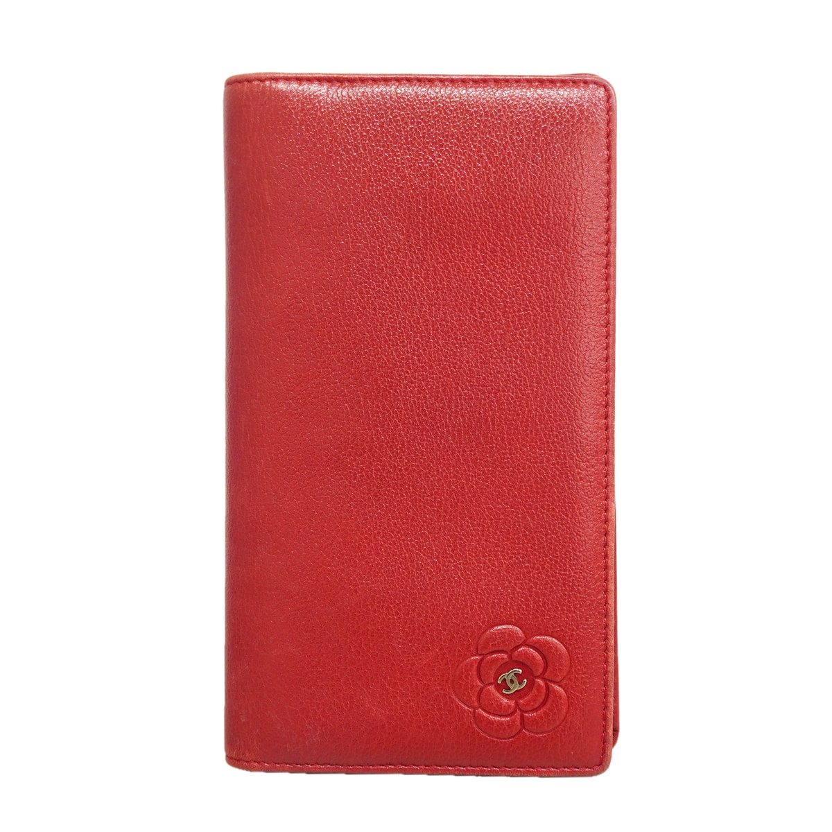 【6hf6043】シャネル 長財布 カメリア レザー レッド シルバー金具【中古】レディース