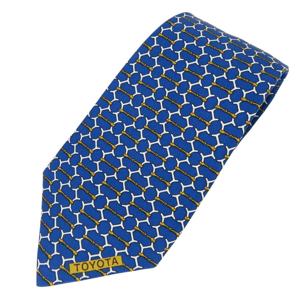 【中古】 エルメス ネクタイ トヨタ限定品 馬具の轡モチーフ シルク ブルー ホワイト ゴールド ビジネス 紳士 スーツ メンズ 男性 HERMES
