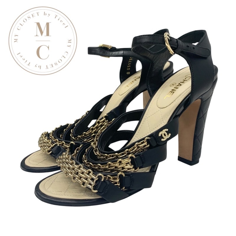 シャネル CHANEL サンダル 靴 シューズ レザー ブラック 黒 ゴールド ココマーク チェーン ストラップ