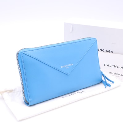 極美品 BALENCIAGA バレンシアガ ペーパー コンチネンタルウォレット 381226 長財布 ブルー カーフレザー メンズ