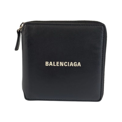 美品 BALENCIAGA バレンシアガ ブラック ホワイト シルバー金具 レザー 折り財布 コンパクトウォレット 604540 【中古】