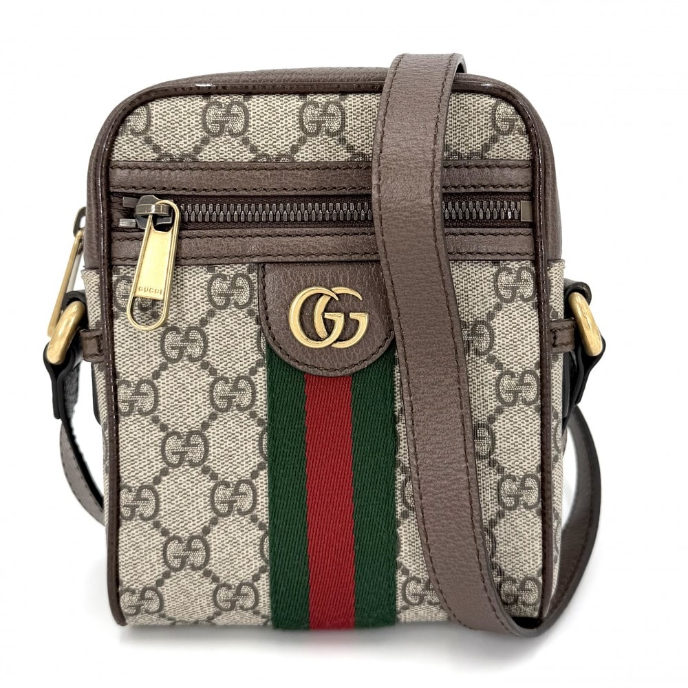 GUCCI グッチ ショルダーバッグ オフィディア ウェブストライプ ミニ メッセンジャーバッグ 肩掛け 斜め掛け 小さめ 598127 GGスプリームキャンバス  レザー   ベージュ ブラウン 茶 アンティークゴールド金具 レディース 美品【中古品】