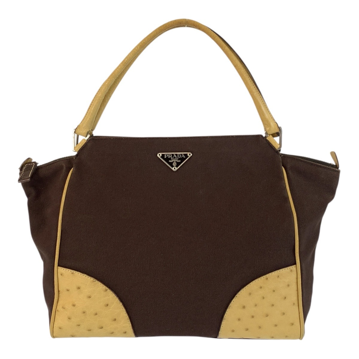 美品 PRADA プラダ 三角ロゴプレート ブラウン ベージュ シルバー金具 キャンバス オーストリッチ/ トートバッグ ハンドバッグ 604346 【中古】