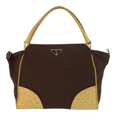 美品 PRADA プラダ 三角ロゴプレート ブラウン ベージュ シルバー金具 キャンバス オーストリッチ/ トートバッグ ハンドバッグ 604346 【中古】