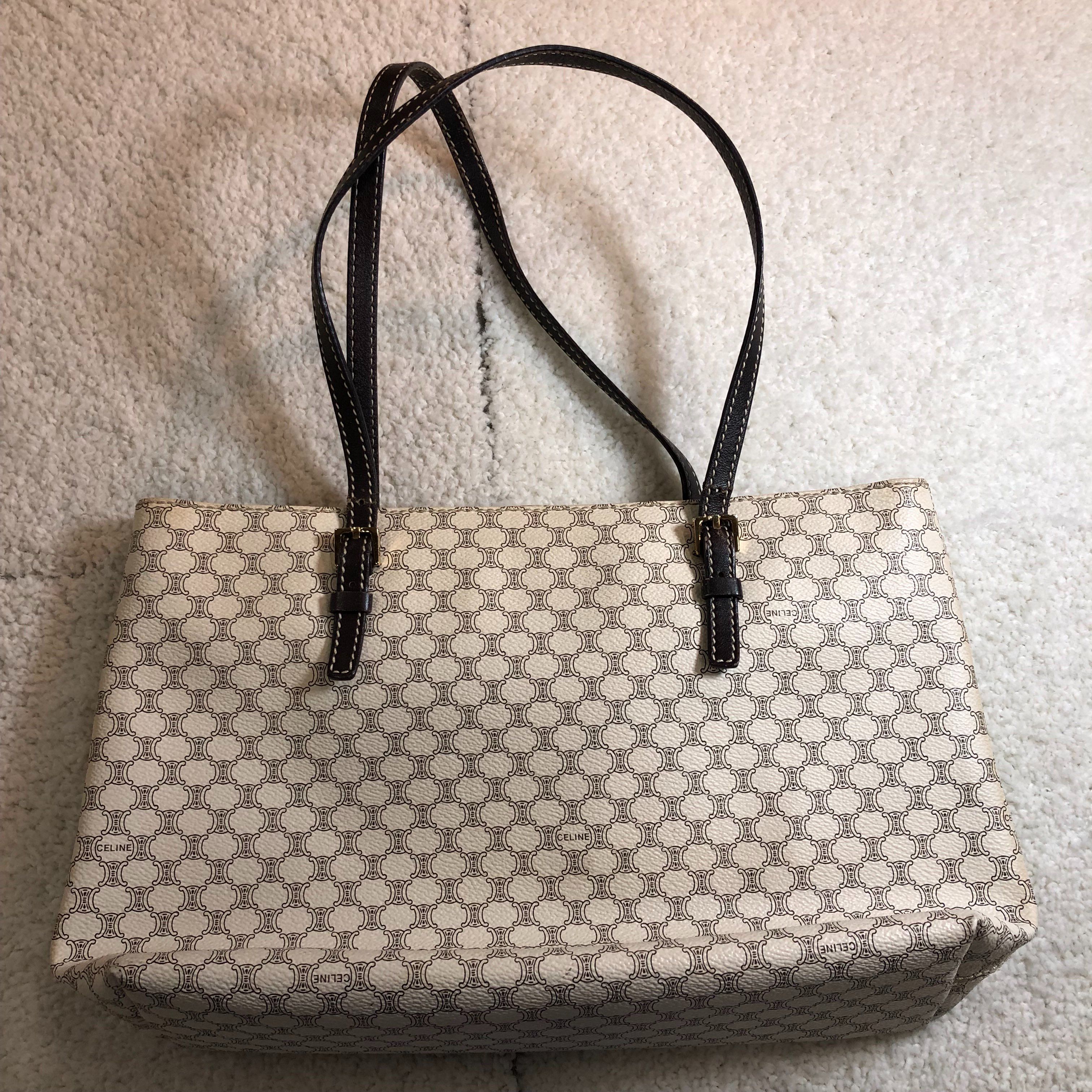 セリーヌ マカダム柄 トートバッグ ホワイト×ダークブラウン PCV×レザー