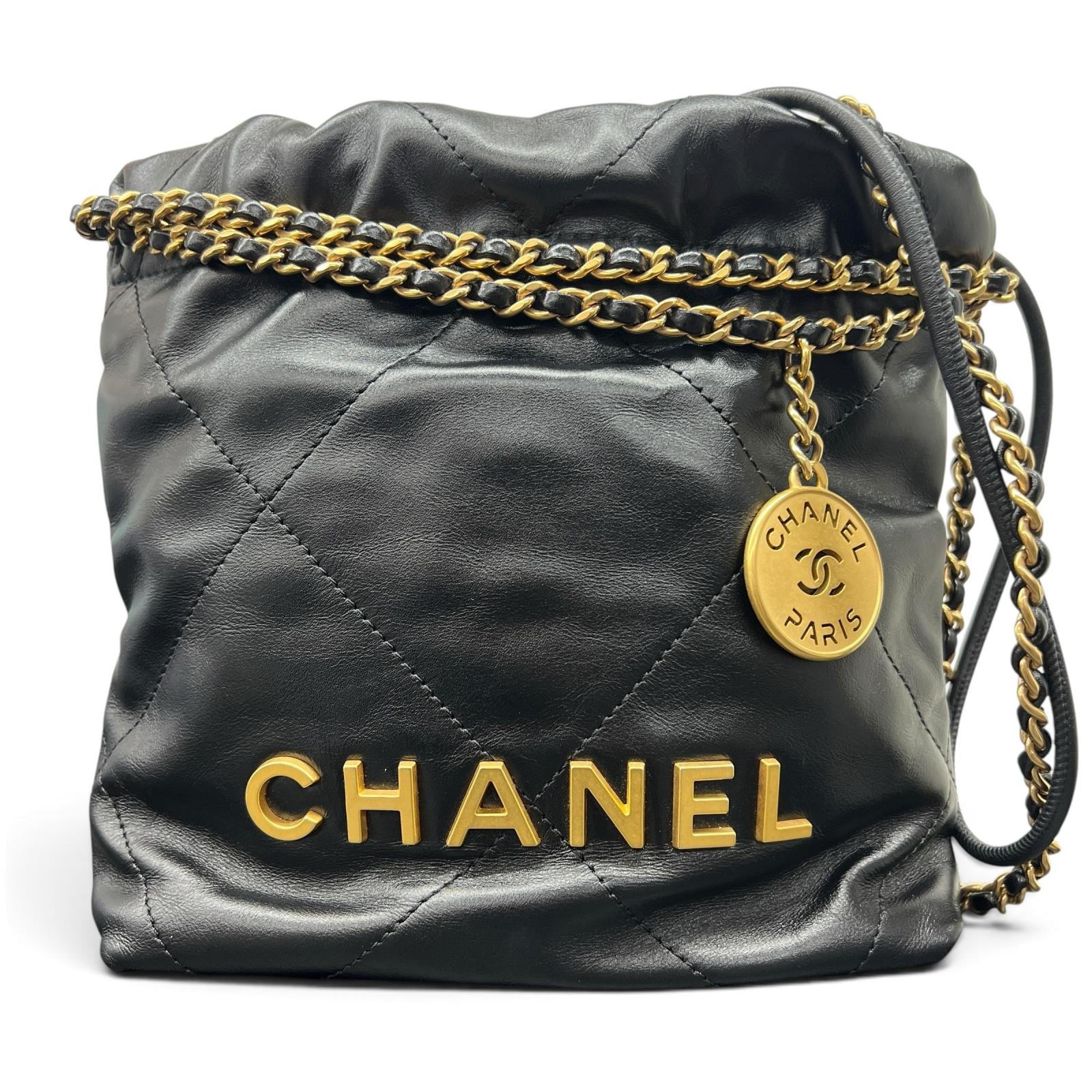 CHANEL 展示品級美品 シャネル22 ミニ 2way ハンドバッグ チェーンショルダーバッグ AS3980 シャイニーカーフスキン レザー シリアルプレート ブラック ゴールド金具 ホーボー ポシェット ココマーク マトラッセ SAランク 鑑定済 中古