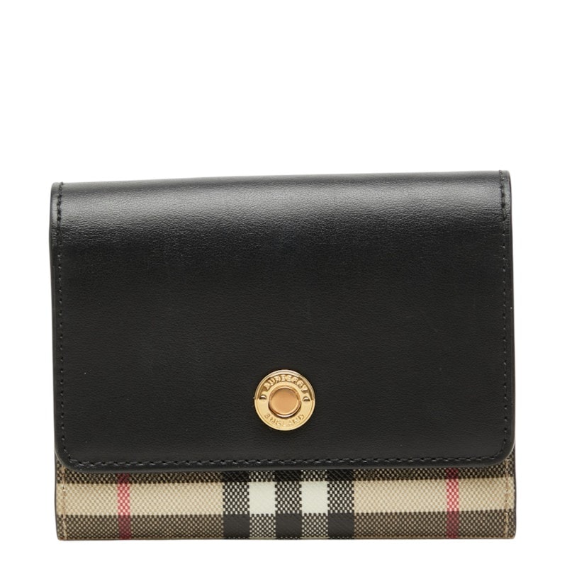 バーバリー ノバチェック 三つ折り財布 ブラック ベージュ PVC レザー レディース BURBERRY 中古