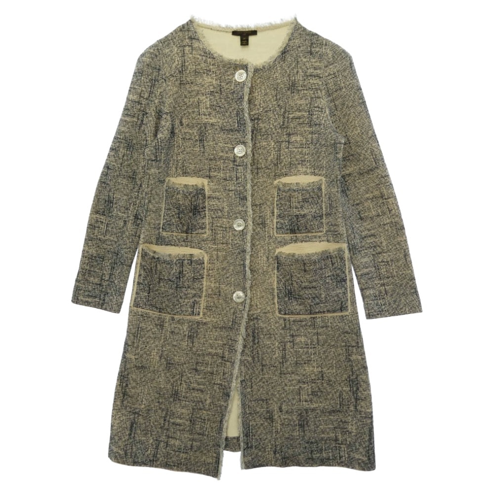 LOUIS VUITTON ルイ・ヴィトン シルク ツイード ノーカラー ロング コート ネイビー系 ベージュ系 M【中古】