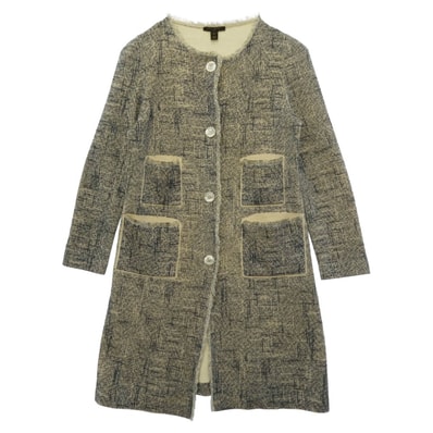 LOUIS VUITTON ルイ・ヴィトン シルク ツイード ノーカラー ロング コート ネイビー系 ベージュ系 M【中古】