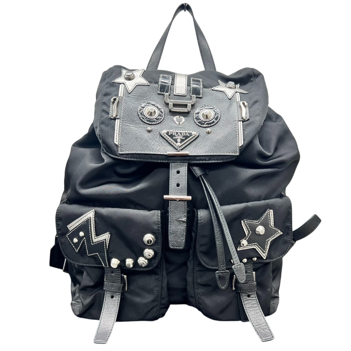 PRADA 希少 プラダ リュック テスートナイロン ロボット 1BZ811 ナイロン ブラック シルバー スタッズ バックパック リュックサック ナップザック Bランク 中古 鑑定済 プラダバッグ