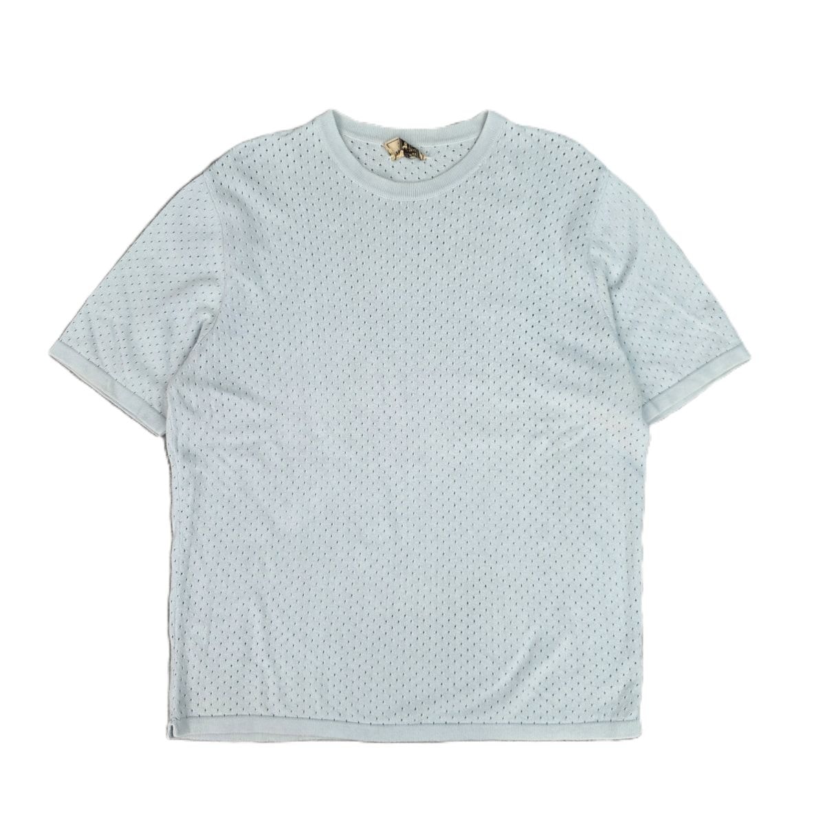 HERMES エルメス 薄手 半袖 メッシュ ニットカットソー カシミヤ混 ニット L コットン カシミヤ ライトブルー  メンズ【中古】