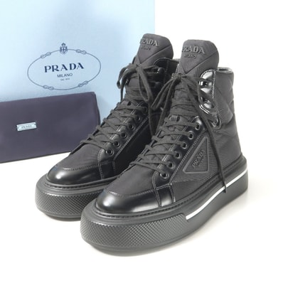 ■美品■2022AW■PRADA プラダ MACRO HIGH TOP スニーカー サイズ37 ハイカット トライアングルロゴ RE-NYLON ECONYL レザー ナイロン 靴 イタリア製 ブランド古着【中古】20250610/RA4804