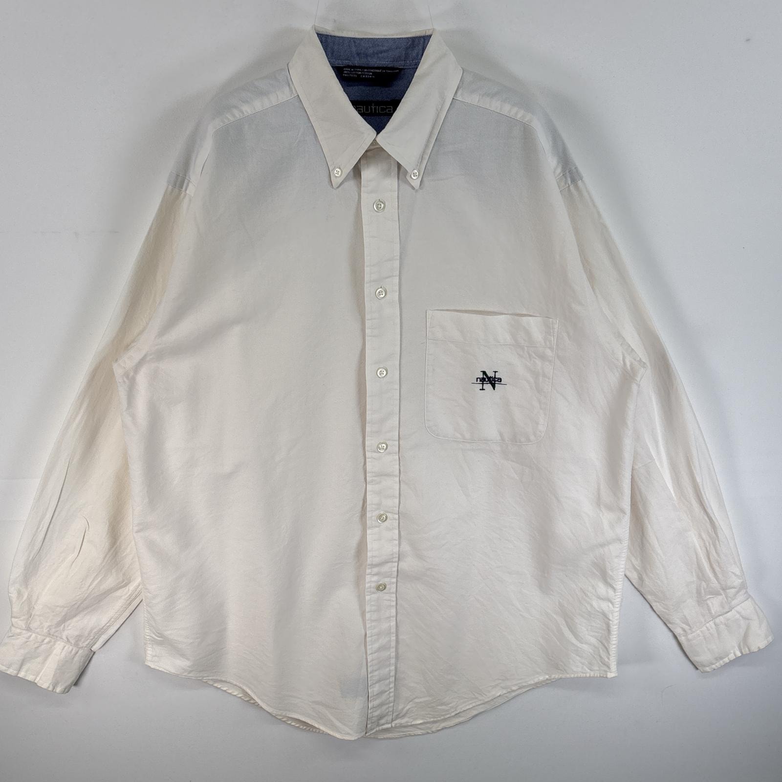 古着 90's/90年代 ノーティカ NAUTICA 長袖シャツ ワンポイント ロゴ 刺繍 ボタンダウンシャツ 胸ポケ M ホワイト系 無地 メンズ
