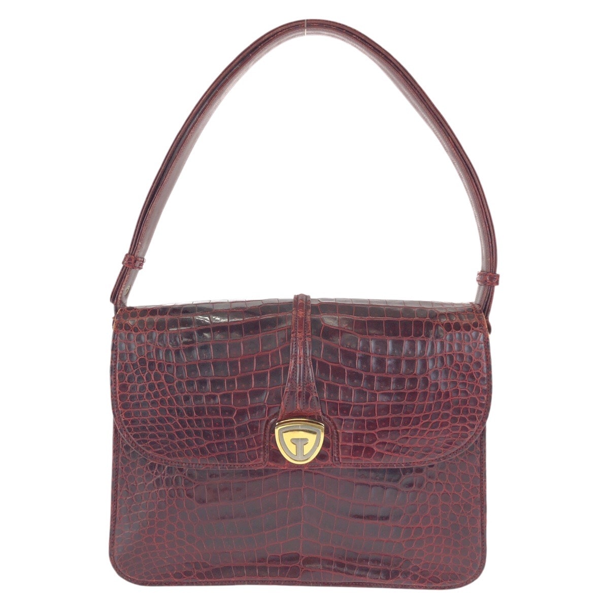 GUCCI グッチ ヴィンテージ オールドグッチ ワインレッド ボルドー ゴールド金具 クロコダイル ショルダーバッグ ハンドバッグ 603224 【中古】