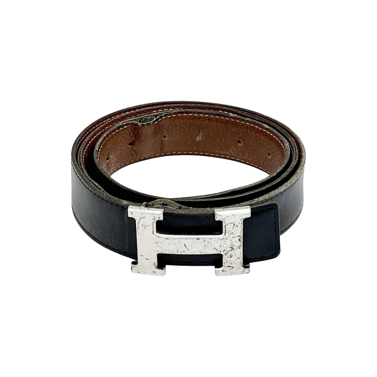 ◆◆HERMES エルメス ベルト Hバックル ラッキーメタル キズ・ホツレ有 ブラック x ブラウン