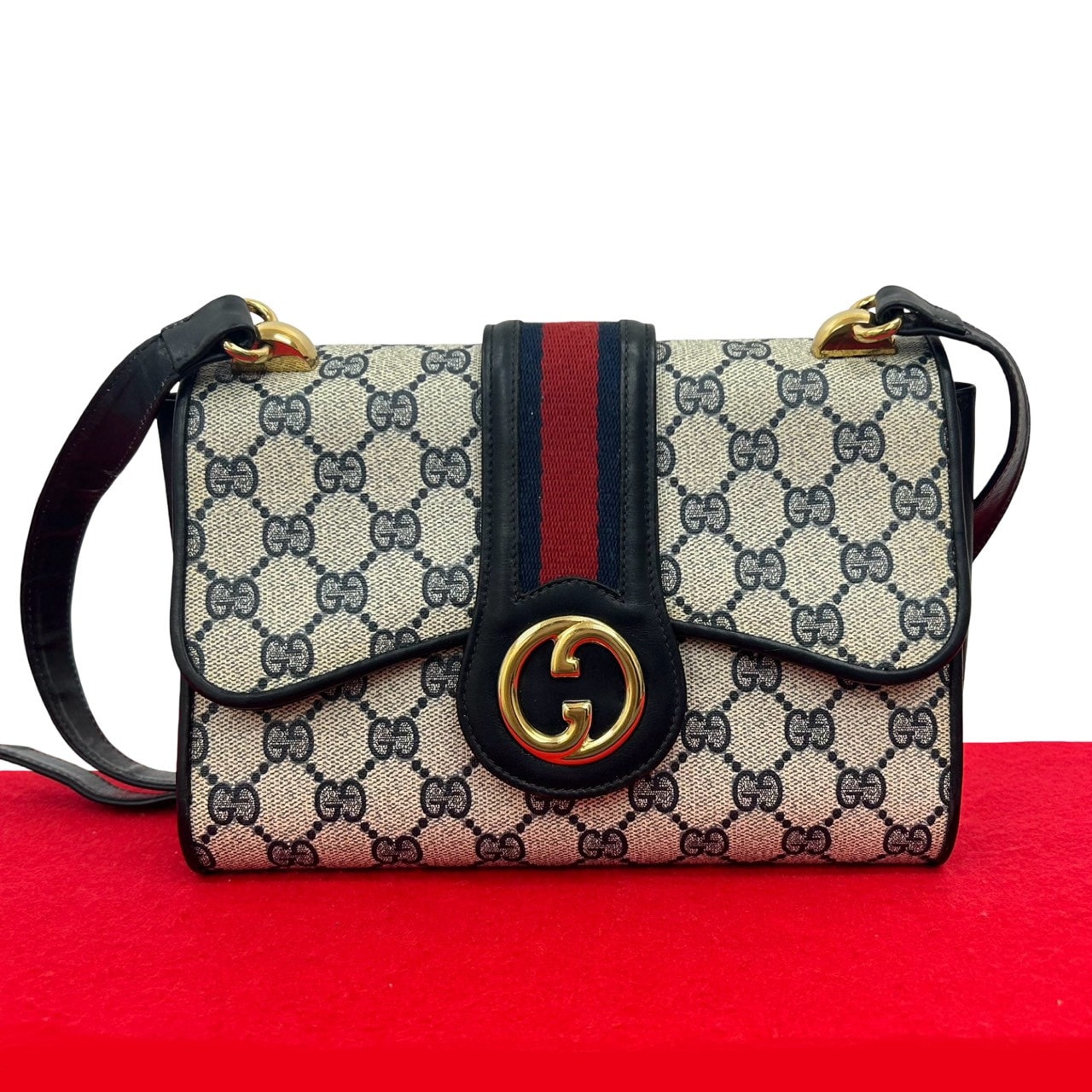 GUCCI グッチ シェリーライン GG ロゴ 金具 レザー PVC ショルダーバッグ ネイビー
49584