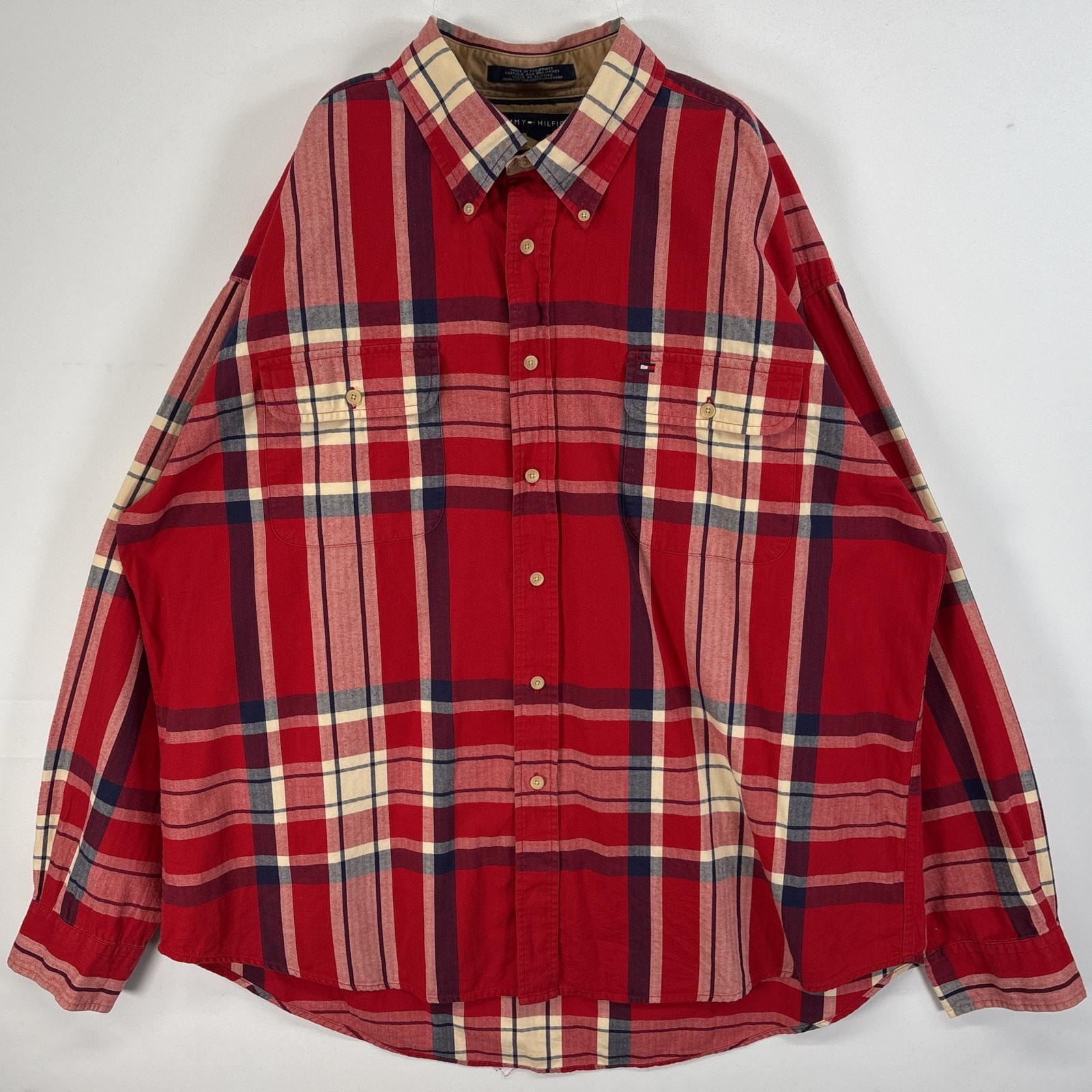 古着 トミーヒルフィガー TOMMY HILFIGER 長袖シャツ ロゴ 刺繍 チェック柄 フラップポケ 14041  レッド系 マルチカラー メンズ