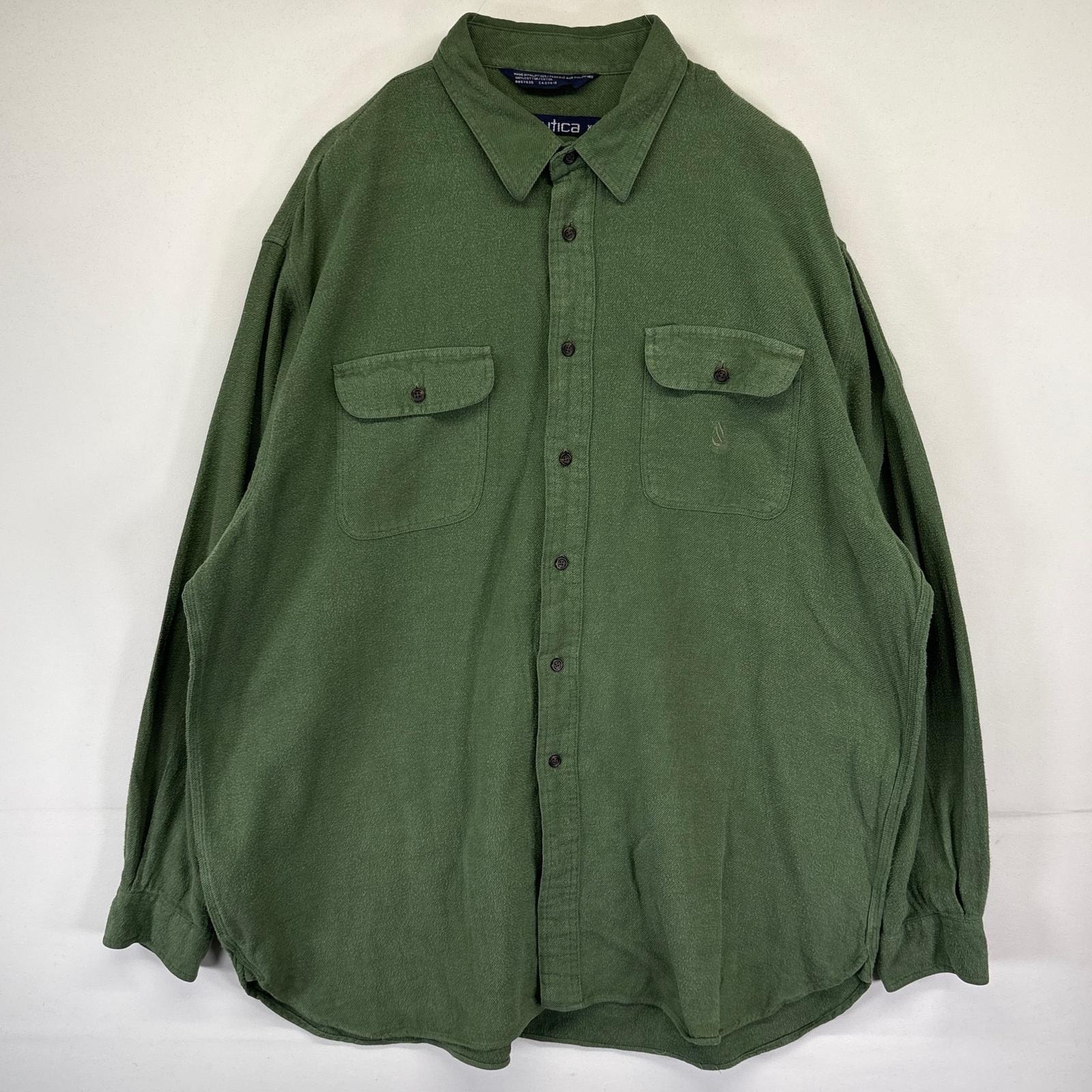 古着 90's/90年代 ノーティカ NAUTICA 長袖シャツ ネルシャツ 無地 大きいサイズ 胸ポケット XL グリーン系 メンズ