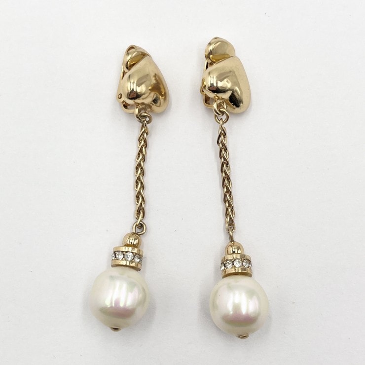 Christian Dior(クリスチャンディオール)ヴィンテージ ハートモチーフ パール スイング イヤリング ゴールド ラインストーン レディース【中古】