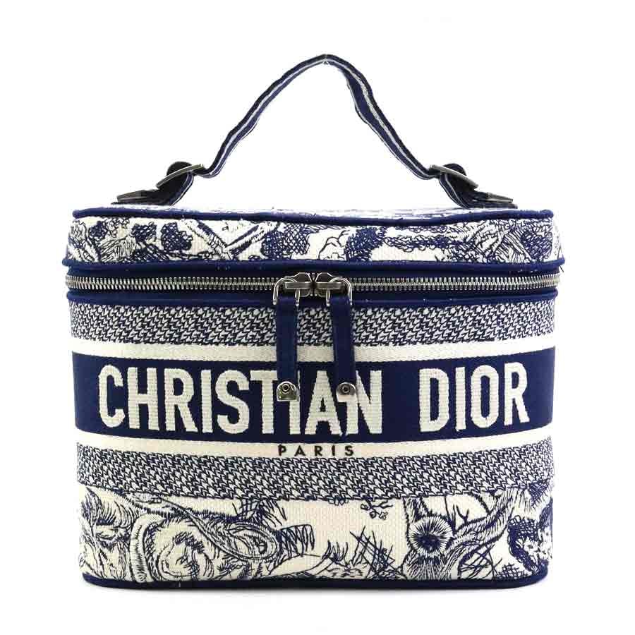 クリスチャンディオール Christian Dior ハンドバッグ バニティバッグ オブリーク キャンバス ネイビー×ホワイト レディース【中古】 90124a