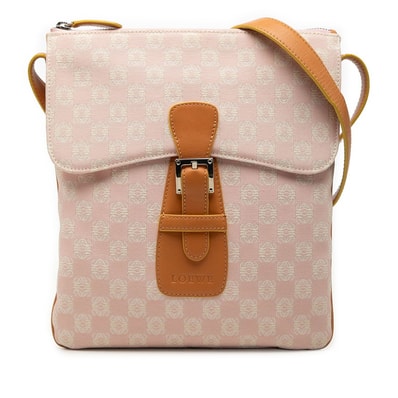 ロエベ アナグラム 斜め掛け ショルダーバッグ ピンク ブラウン レザー キャンバス レディース LOEWE 【中古】