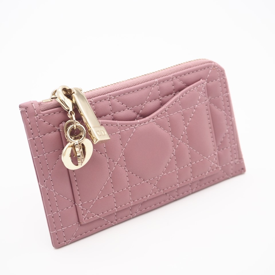 極美品 Christian Dior クリスチャンディオール Lady Dior Cosmos ジップ カードホルダー S0965ONMJ_M49U コインケース ピンク ラムスキン レディース