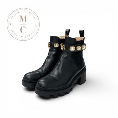 グッチ GUCCI ブーツ ショートブーツ 靴 シューズ レザー ブラック ビジュー GGマーモント ベルト サイドゴア
