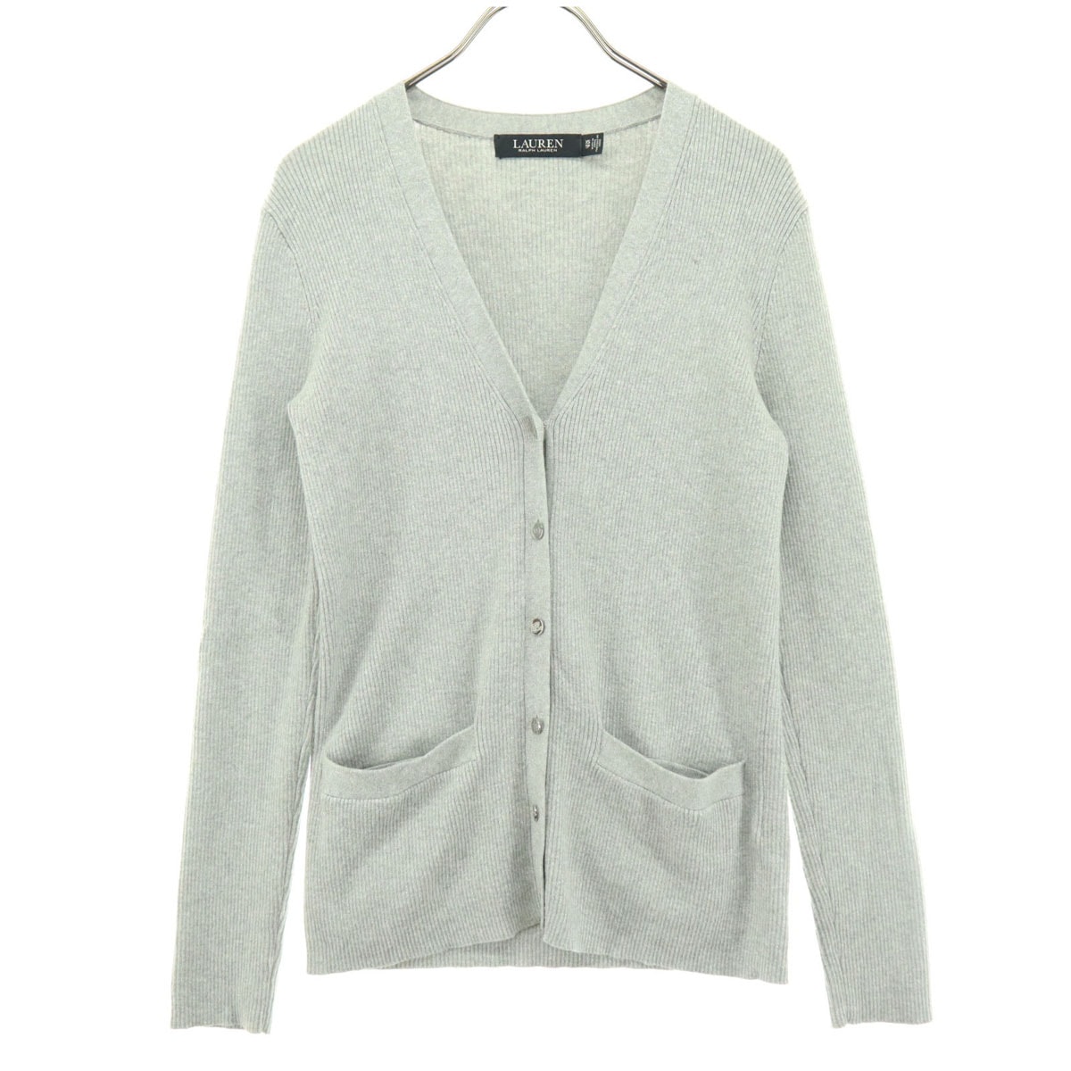 美品 LAUREN RALPH LAUREN ローレンラルフローレン 長袖 ネック ニットカーディガン XS ライトグレー ラメ入り