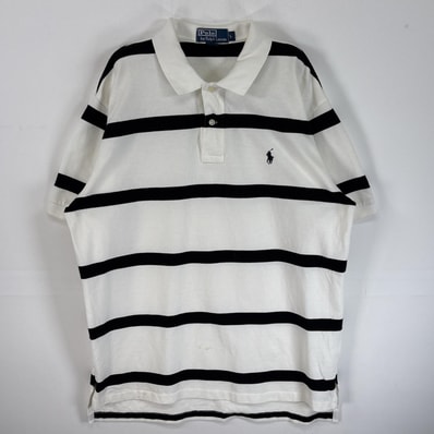 古着 90's/90年代 ポロバイラルフローレン Polo by Ralph Lauren 鹿の子 半袖 ポロシャツ ロゴ 刺繍 2ボタン L ホワイト系 ボーダー メンズ