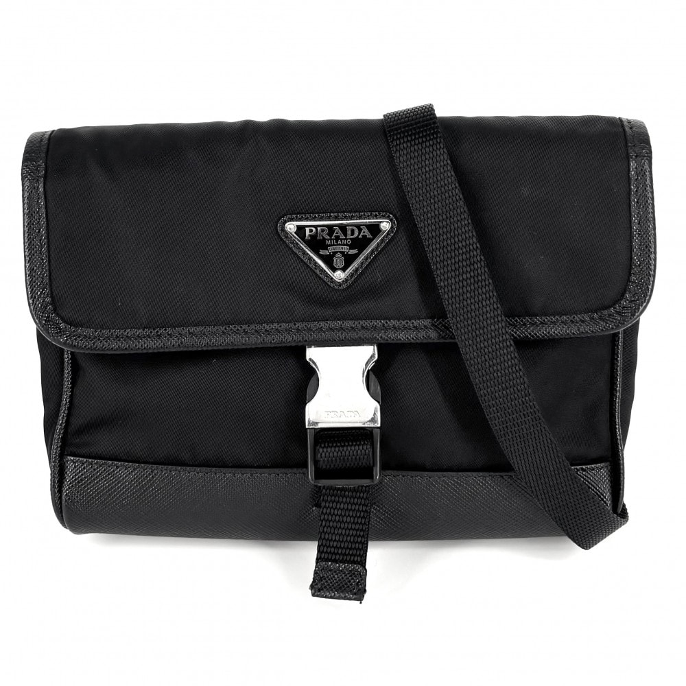PRADA プラダ ショルダーバッグ トライアングルロゴ ポシェット 肩掛け 斜め掛け メンズ レディース 2ZH108 ナイロン    ブラック 黒 シルバー金具 ユニセックス【中古品】