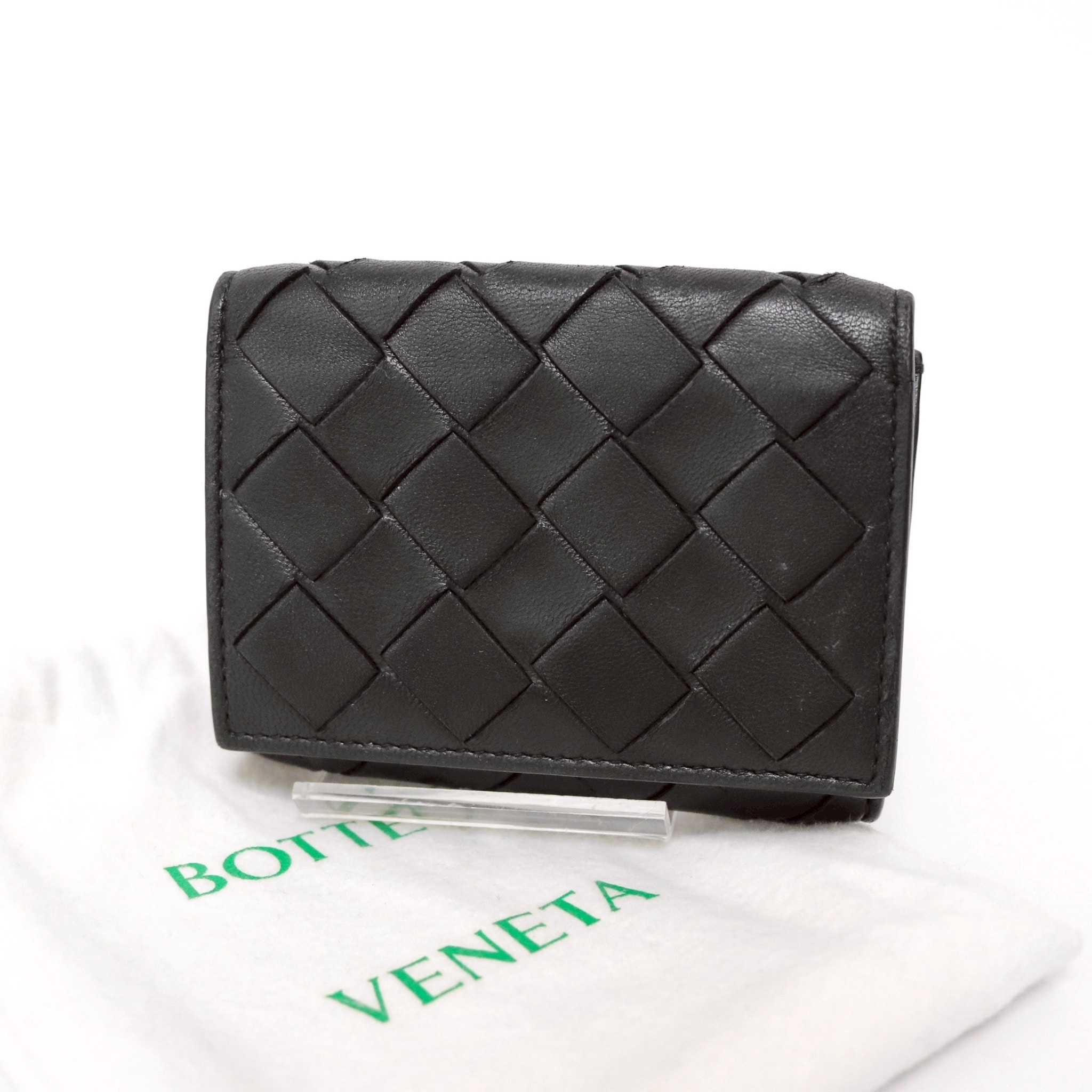 Bottega Veneta Intrecciato Lambskin Calfskin Trifold Mini Wallet "Black"