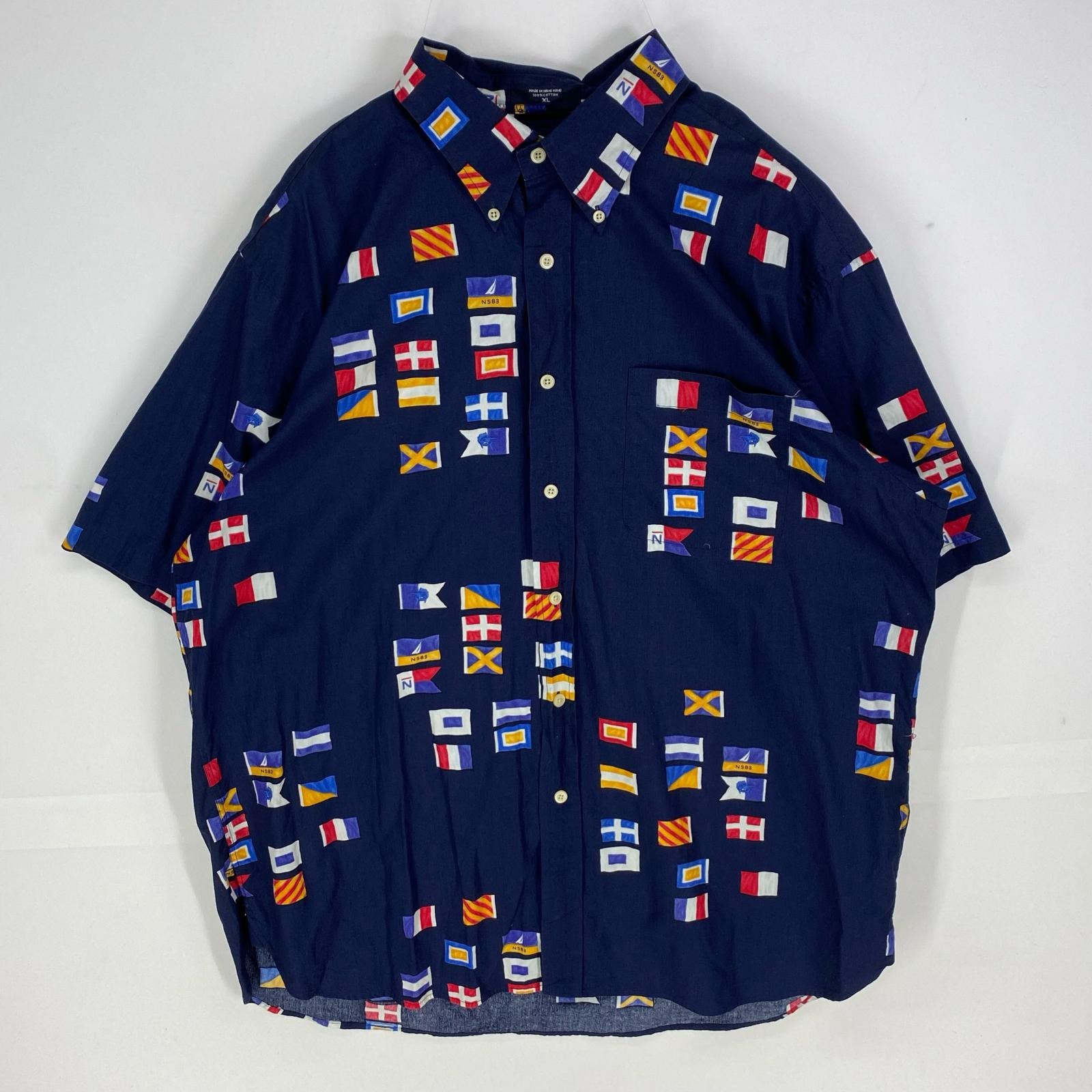 古着 ノーティカ NAUTICA 半袖シャツ ボタンダウン ショートスリーブ 国旗柄 大きいサイズ XL  ネイビー メンズ