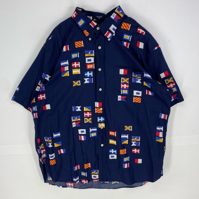 古着 ノーティカ NAUTICA 半袖シャツ ボタンダウン ショートスリーブ 国旗柄 大きいサイズ XL ネイビー メンズ