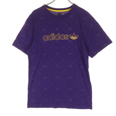美品 adidas アディダス トレフォイルロゴ柄 半袖 クルーネック Tシャツ M パープル コットン