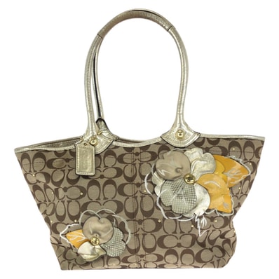 COACH コーチ ブリーカー シグネチャー フローラル アップリケ ベージュ ゴールド金具 キャンバス レザー/ ショルダーバッグ トートバッグ 601885 【中古】
